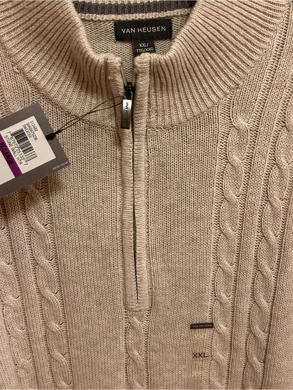 Van Heusen Men’s Zip-Neck Cable Knit Sweater in Light Beige